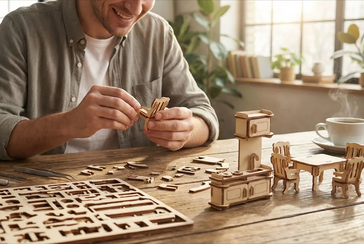 BOHS Kit de Muebles 3D para Casa de Muñecas, Rompecabezas de Madera, 34 Piezas, Juguete Educativo DIY para Niños de 6 Años en Adelante