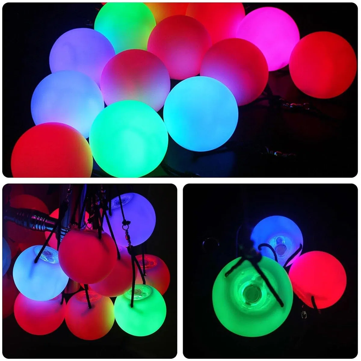 Juego de 3 bolas LED Poi Ball LED Glow Poi con colores del arco iris y efecto estroboscópico, LEDPOI pelotas de malabares con doble bucle ajustable, juguetes para principiantes y profesionales