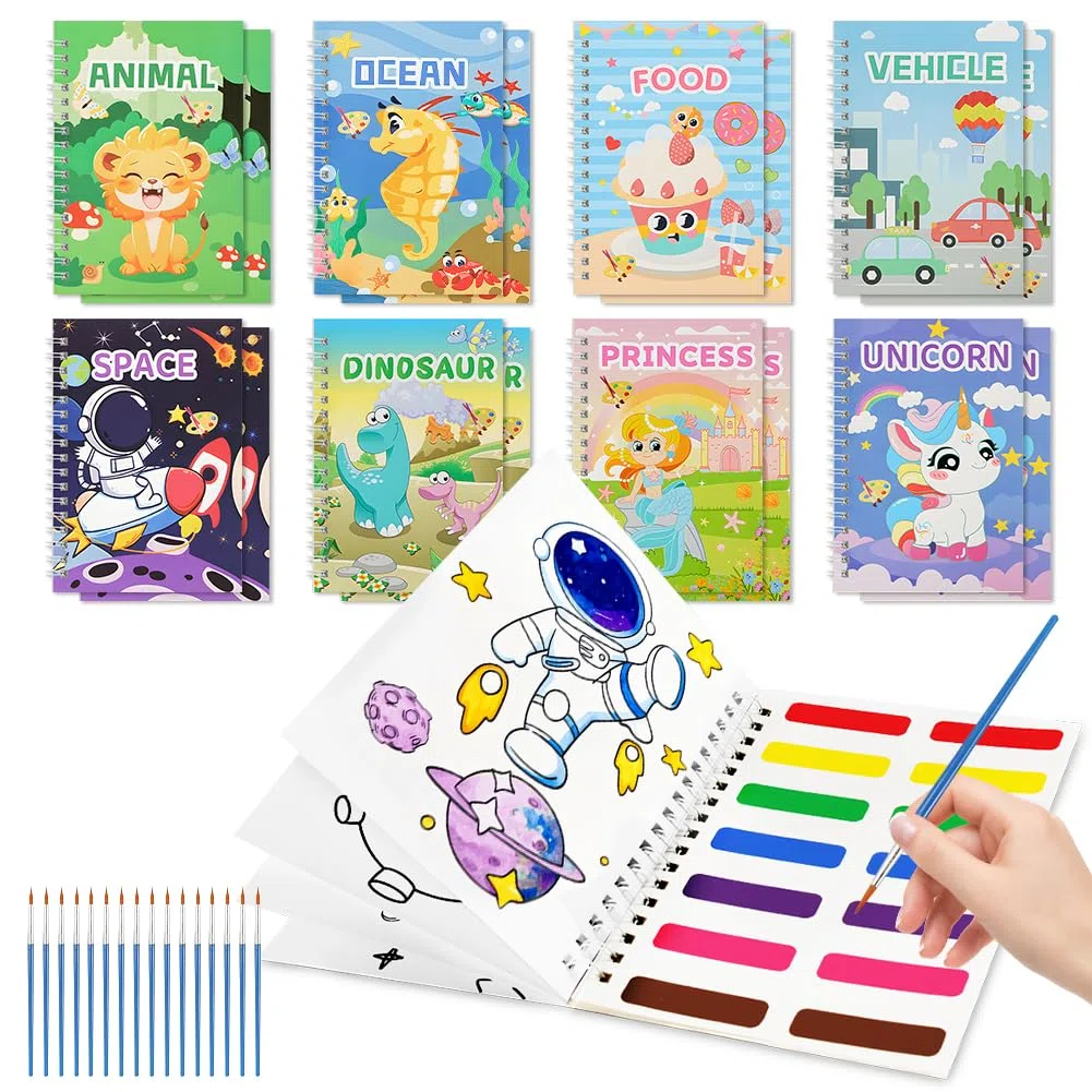 AOOTE Pintura con Libros de Agua para Niños,4 Pcs Libro de Acuarelas con 16 Palos Pincel,Acuarelas Magicas Pinturas para Niños,Regalo de Arte Artesanal para Niños, Niñas,Niños Pequeños