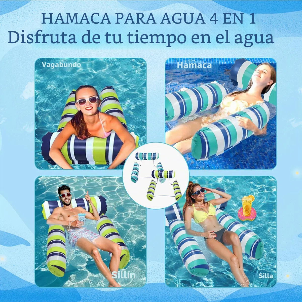 Hamaca de Agua Flotante,Colchoneta Piscina Adultos,Piscina Flotadores,4 -En- 1 Tumbona Hinchable,Piscina Hamaca |1 Incluye Bomba-2 Impermeables para Teléfono-2anillo de natación