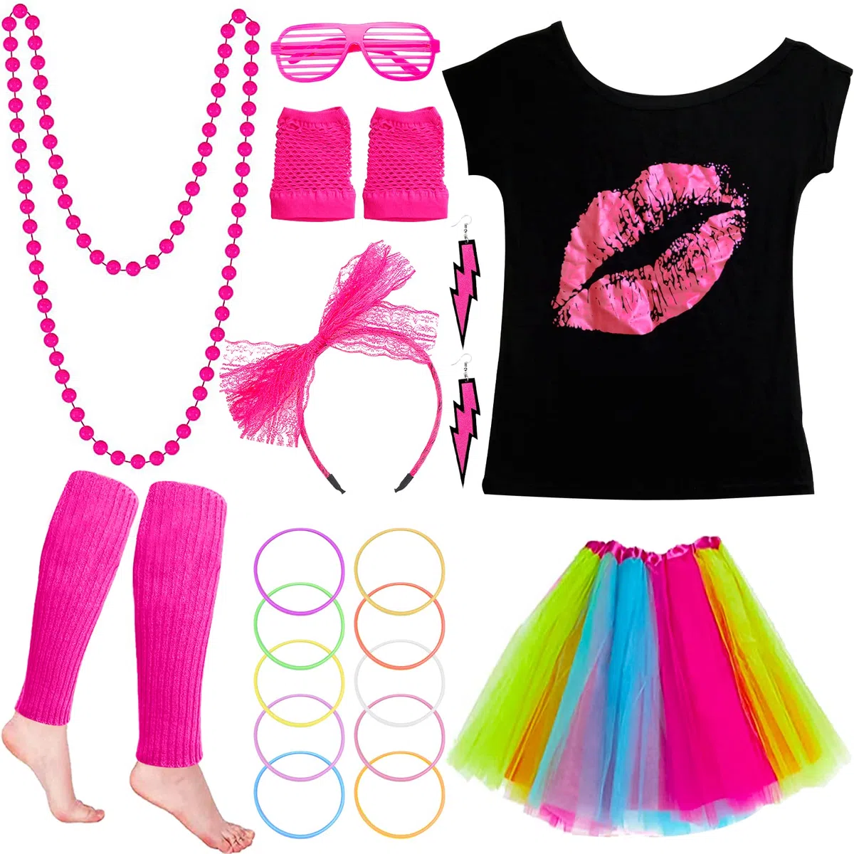 80s Accesorios de Traje 21pcs 80 años Disfraz Mujer neón,Encaje de Pendientes ​Fishnet Guantes Collar Pulsera Juego de Fiesta de Cosplay Retro