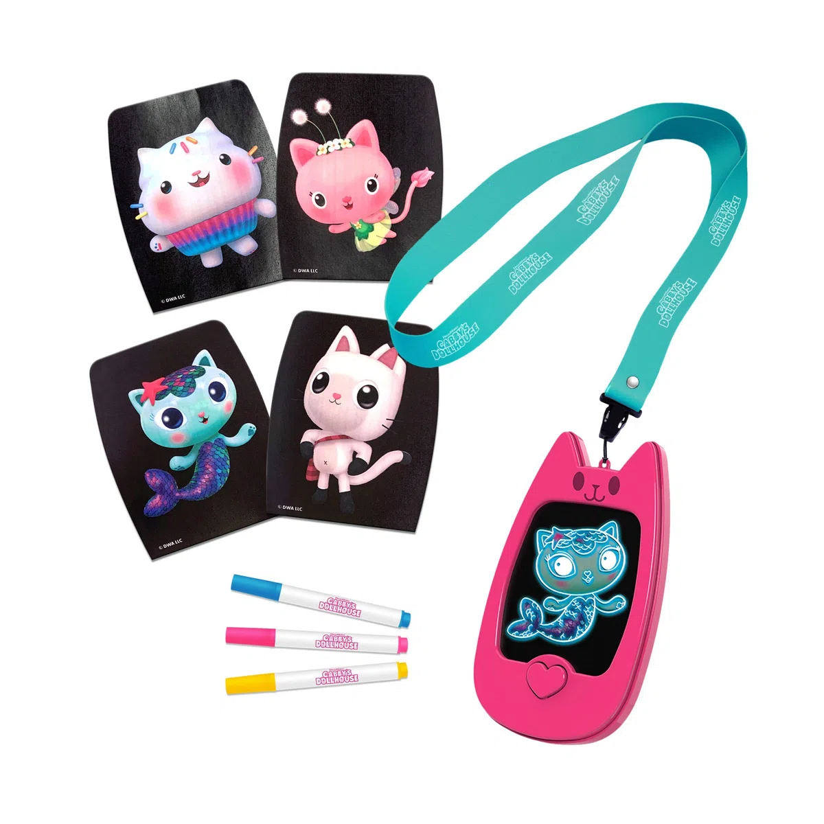 Cefa Toys Mini Pizarra Luminosa La Casa de Muñecas de Gabby, 3 rotuladores, 4 Plantillas, Cinta para Colgar. Apto para niños a Partir de 3 años.