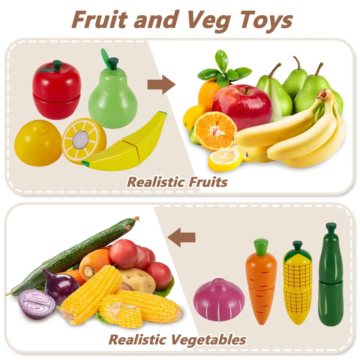 HERSITY Frutas y Verduras Juguete, Madera Juguete para Cocina Cortar, Juego de rol, Juguete Educativos Montessori para Niños y Niñas Regalo 18 Meses+