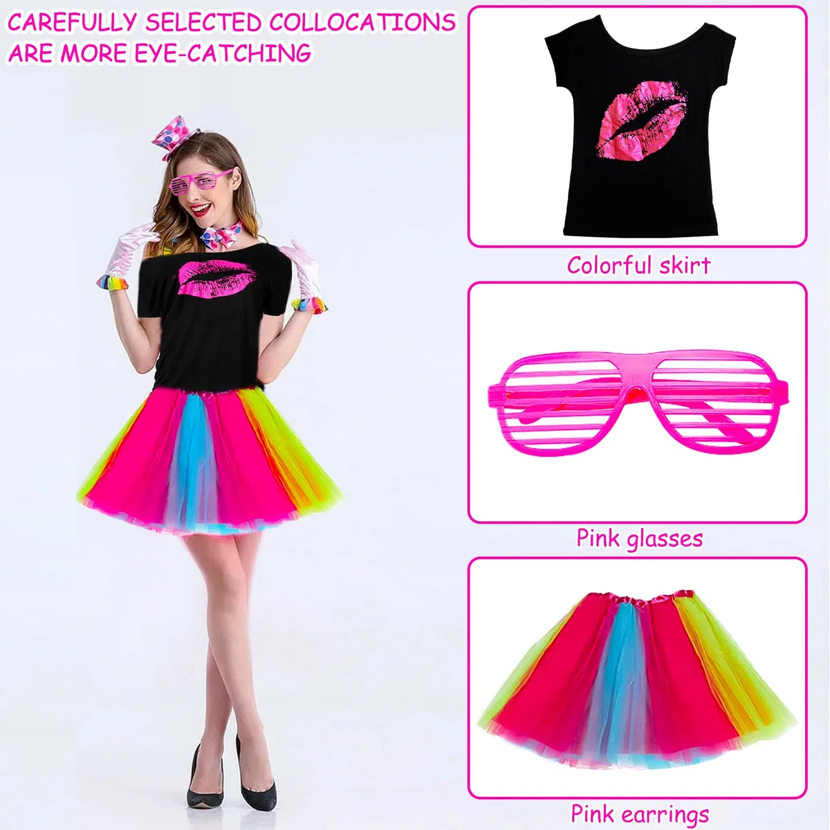 80s Accesorios de Traje 21pcs 80 años Disfraz Mujer neón,Encaje de Pendientes ​Fishnet Guantes Collar Pulsera Juego de Fiesta de Cosplay Retro