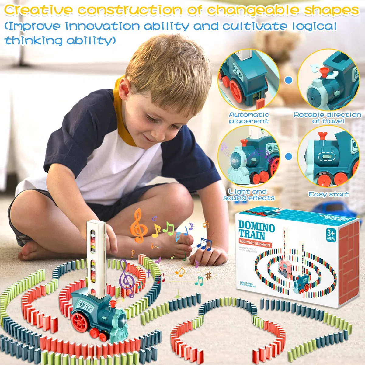 Juego de 160 bloques de dominó con luz y sonido, juguete educativo para niñas y niños desde 3 años (azul)