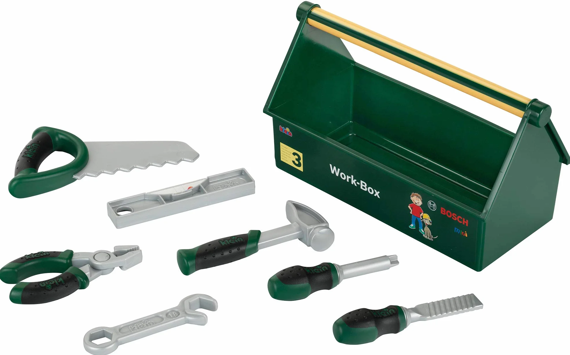 Theo Klein 8573 Caja de Herramientas, Set de Herramientas de 7 Piezas, Caja Estable con práctica asa de Transporte, Medidas: 30,25 cm x 14 cm x 17,25 cm, Juguete para niños a Partir de 3 años