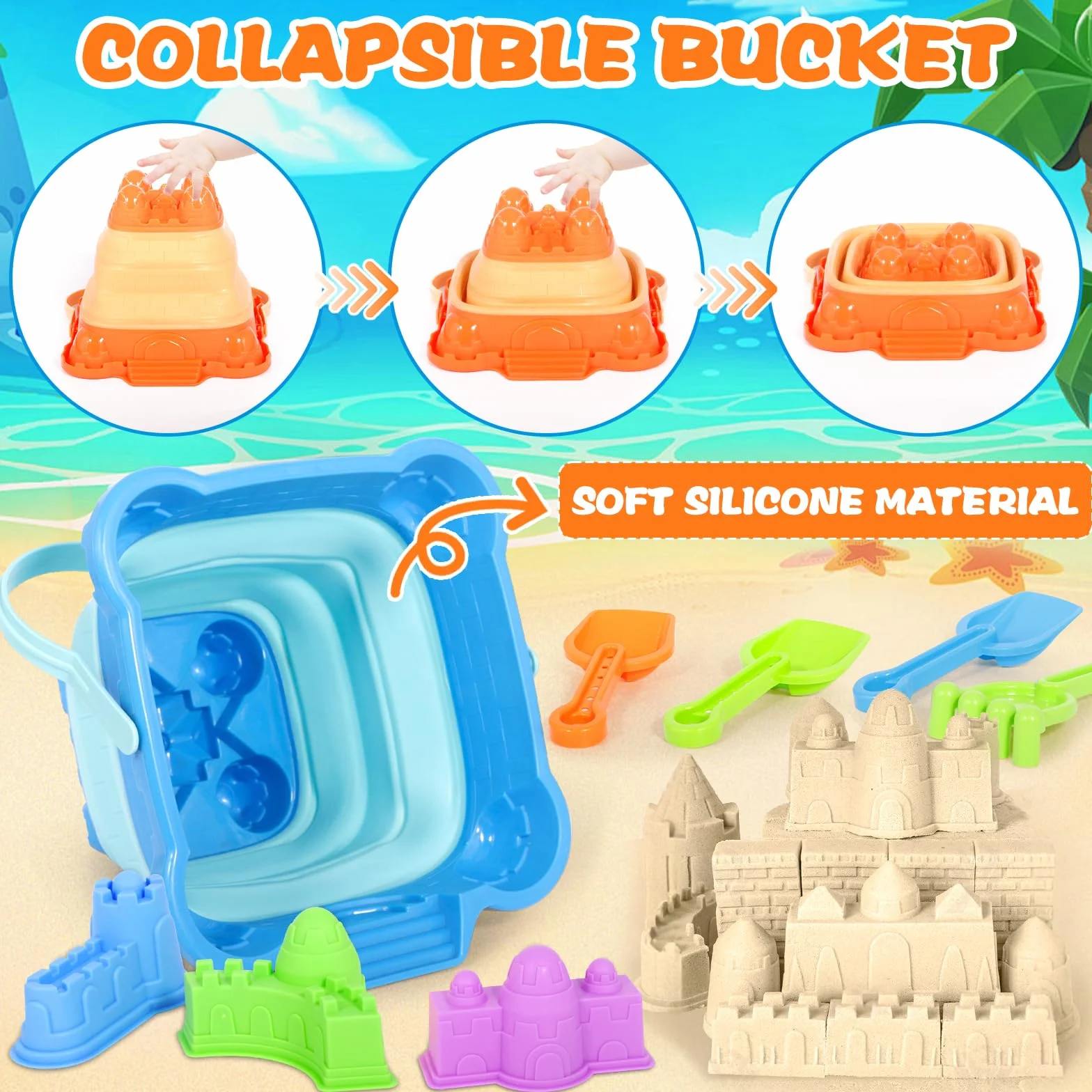14 Piezas Juguetes de Playa para Niños con Cubo Castillo, Palas, Moldes de Arena y Bolsa de Rejilla – Juguetes Playa Infantiles Ideales para Arenero, Jardín, Vacaciones, Viajes