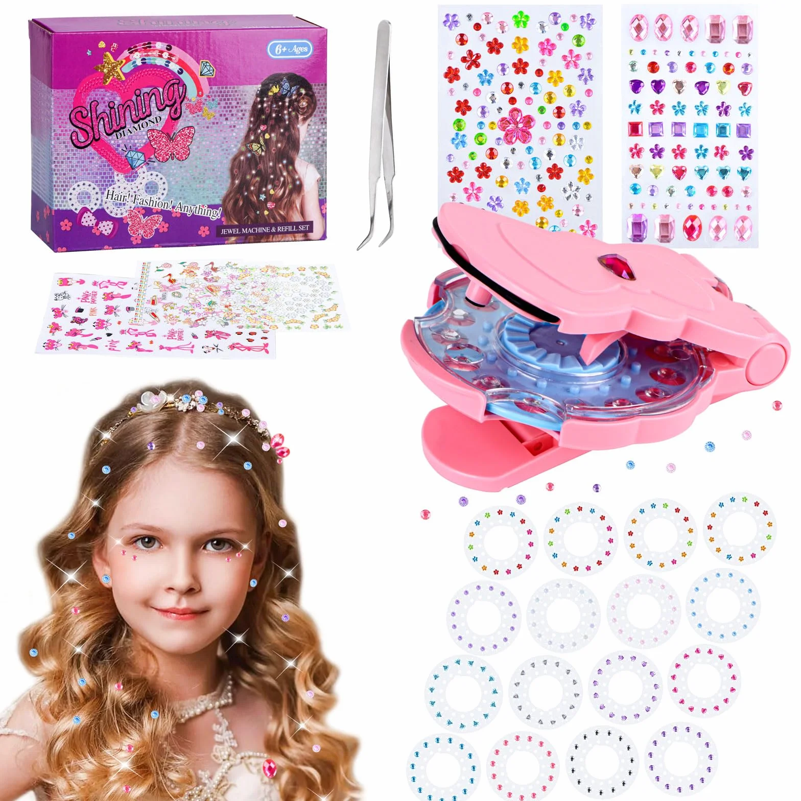 SEMKOTREE Hair Bedazzler Kit, Accesorios Pelo Niña Herramientas de Peinado con Diamantes Pelo, Adornos Pelo Brillantes para el Pelo Regalo Niña 6 Años
