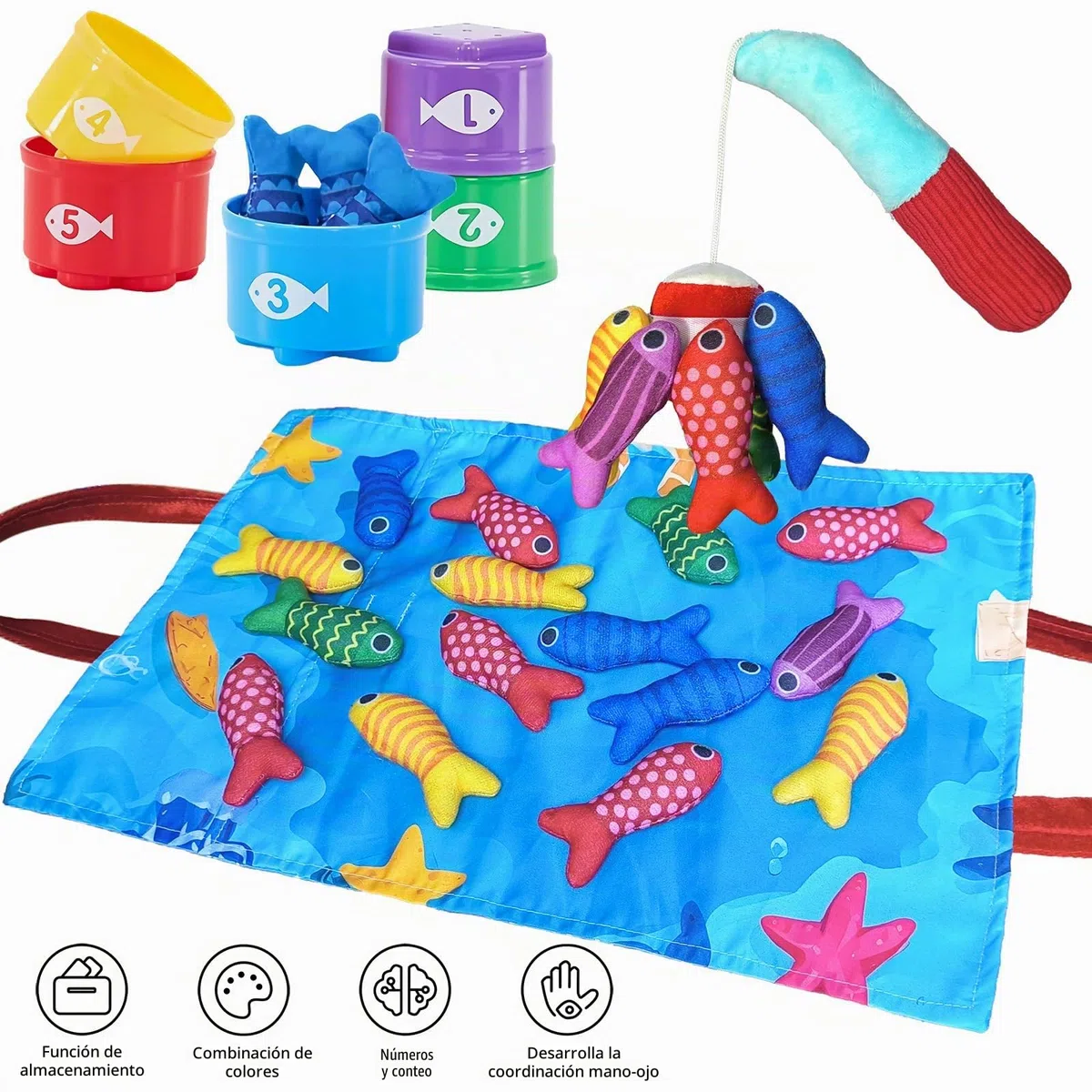 Juego de Pesca Magnético para Niños - 15 Peces de Tela + Cubos Apilables, Juguete Educativo Montessori 1-3 Años, Regalo Original para Bebés Niña/Niño 12-36 Meses