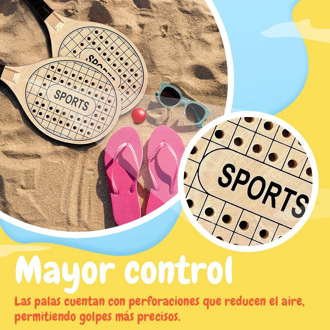 Palas Playa Madera + 6 Pelotas - Juguetes Playa para Niños y Adultos - Juegos Playa Divertidos - Tenis de Playa - Raquetas Playa - Juego al Aire Libre - Accesorios Playa