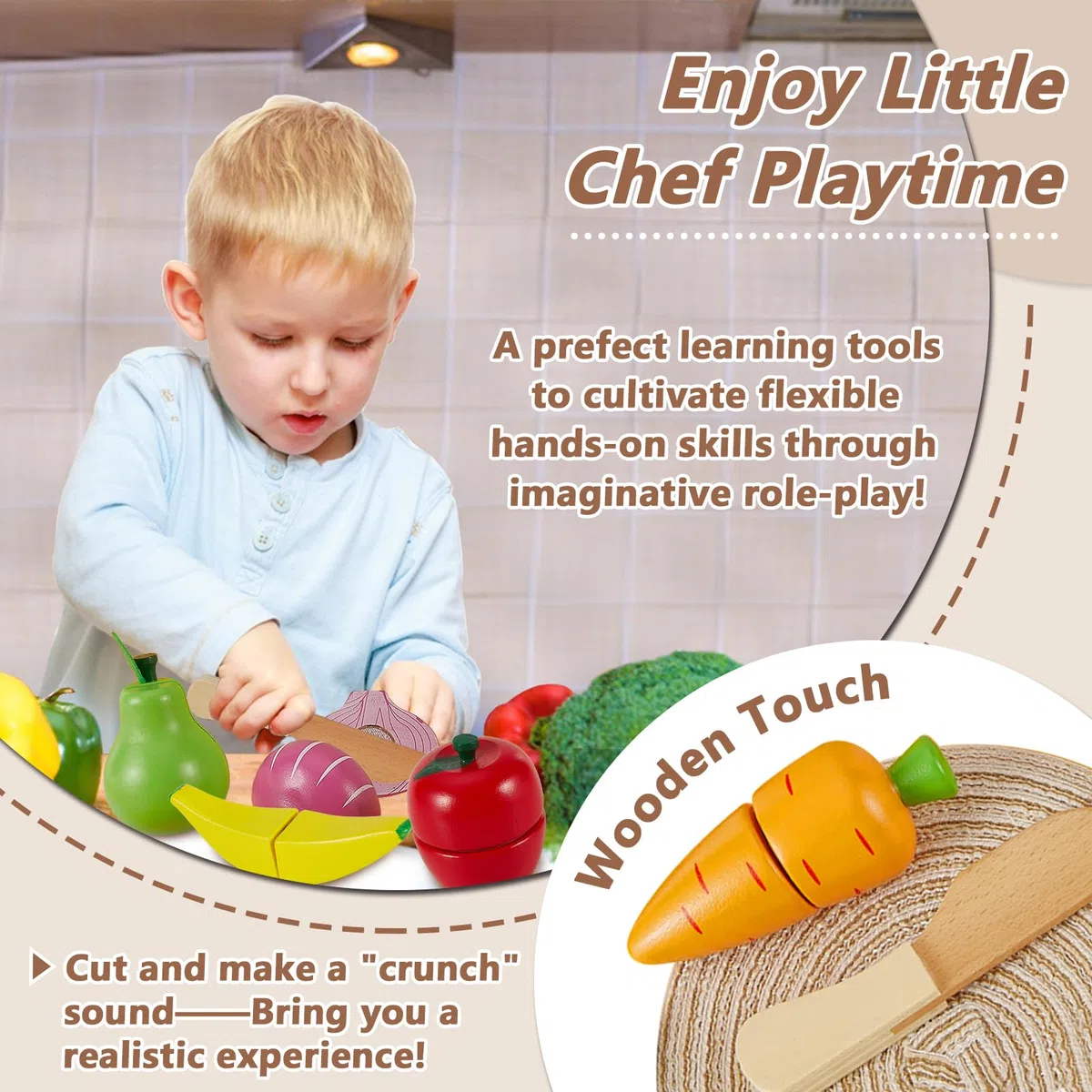 HERSITY Frutas y Verduras Juguete, Madera Juguete para Cocina Cortar, Juego de rol, Juguete Educativos Montessori para Niños y Niñas Regalo 18 Meses+