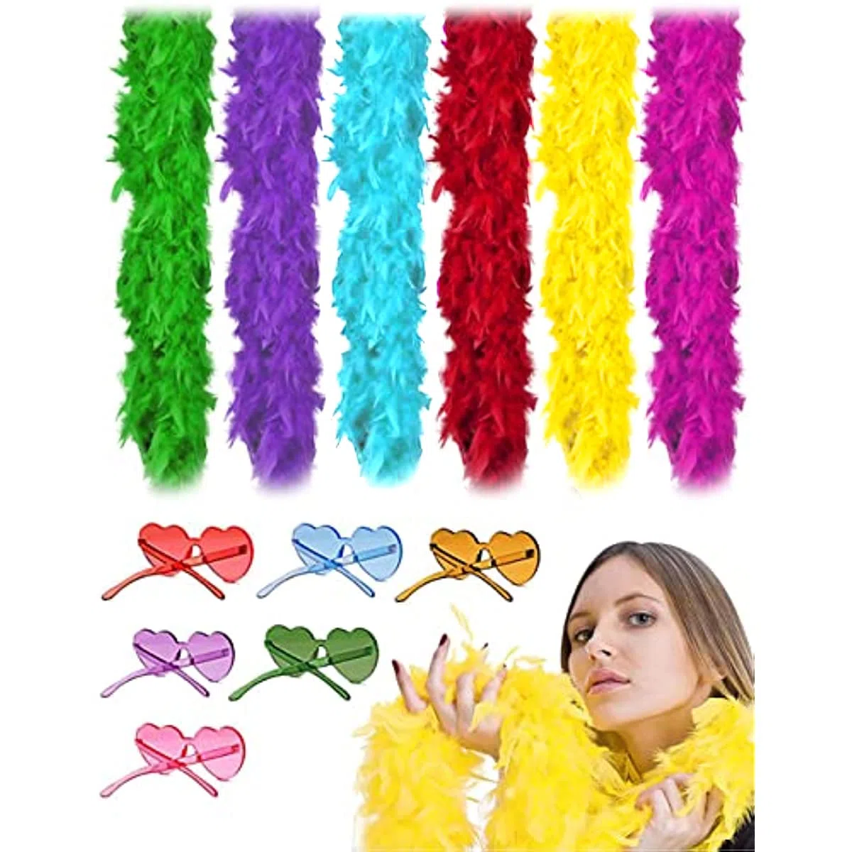 DAJOOEE La Pluma Colorida Válvula Boas Para la Fiesta 6 Pcs 6.6ft, Con Gafas de Sol Sin Marco Una Despedida de Vida de Chica, L