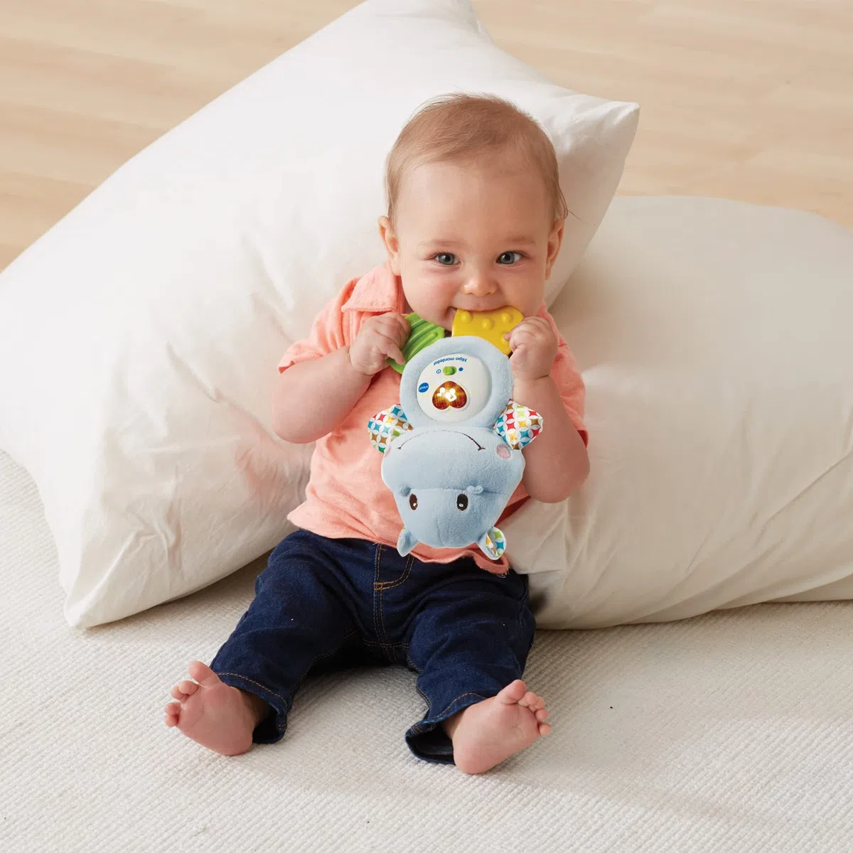 VTech-Baby HIPO mordedor Hipopótamo de peluche musical y sonajero que ayuda a calmar y aliviar a tu bebe con tiernas frases, canciones y melodías, Color azul (3480-502522), versión ESP