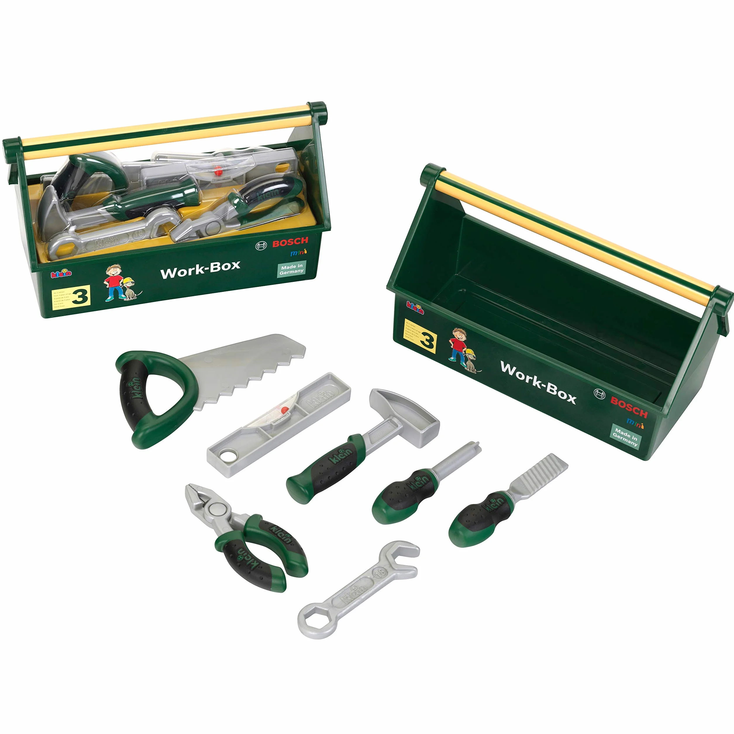 Theo Klein 8573 Caja de Herramientas, Set de Herramientas de 7 Piezas, Caja Estable con práctica asa de Transporte, Medidas: 30,25 cm x 14 cm x 17,25 cm, Juguete para niños a Partir de 3 años
