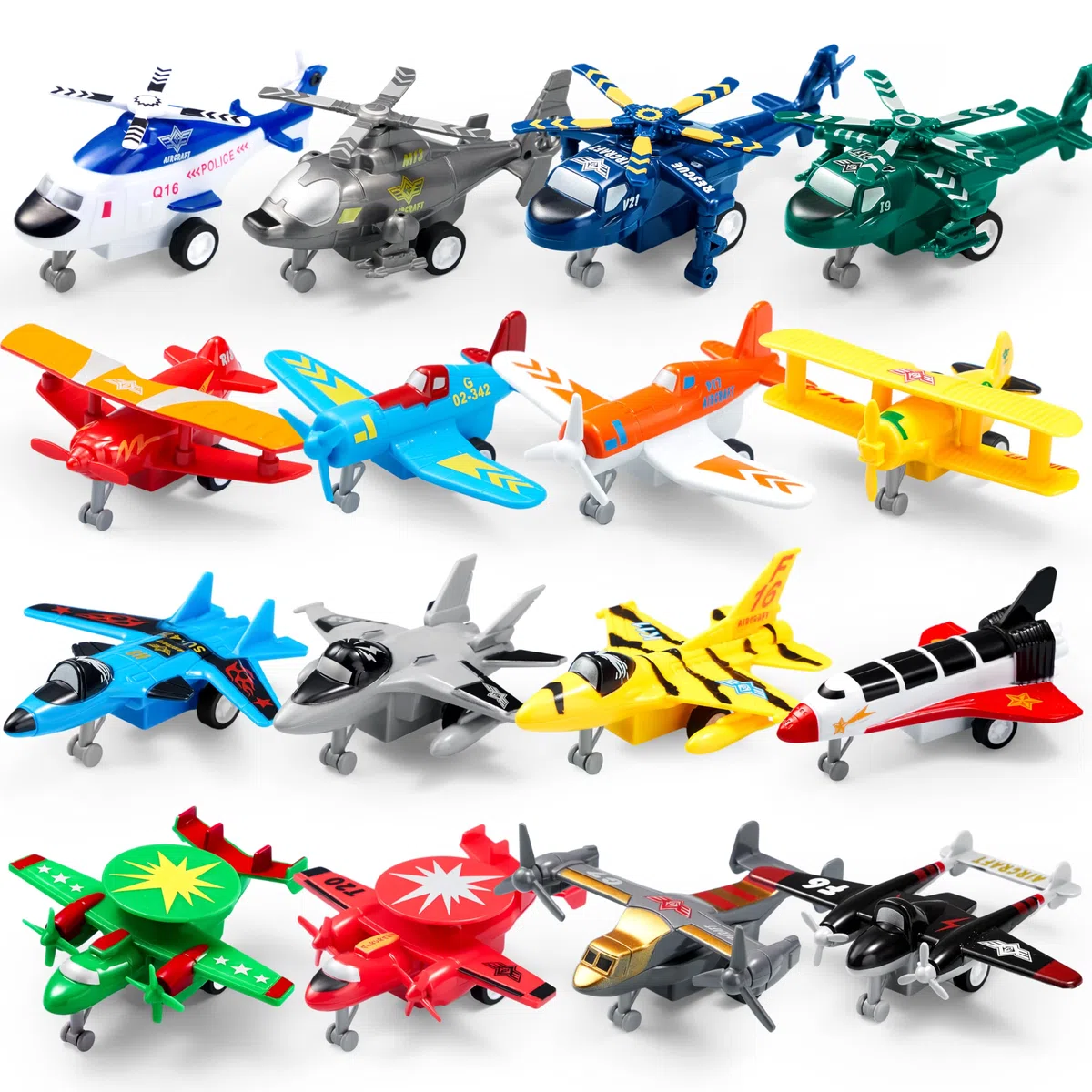 JOYIN 16 piezas de juguetes de avión, juego de avión para niños, helicóptero, combatiente, bombardero, modelo de biplano, regalos para niños pequeños de más de 3 años, regalos para niños, juguetes de