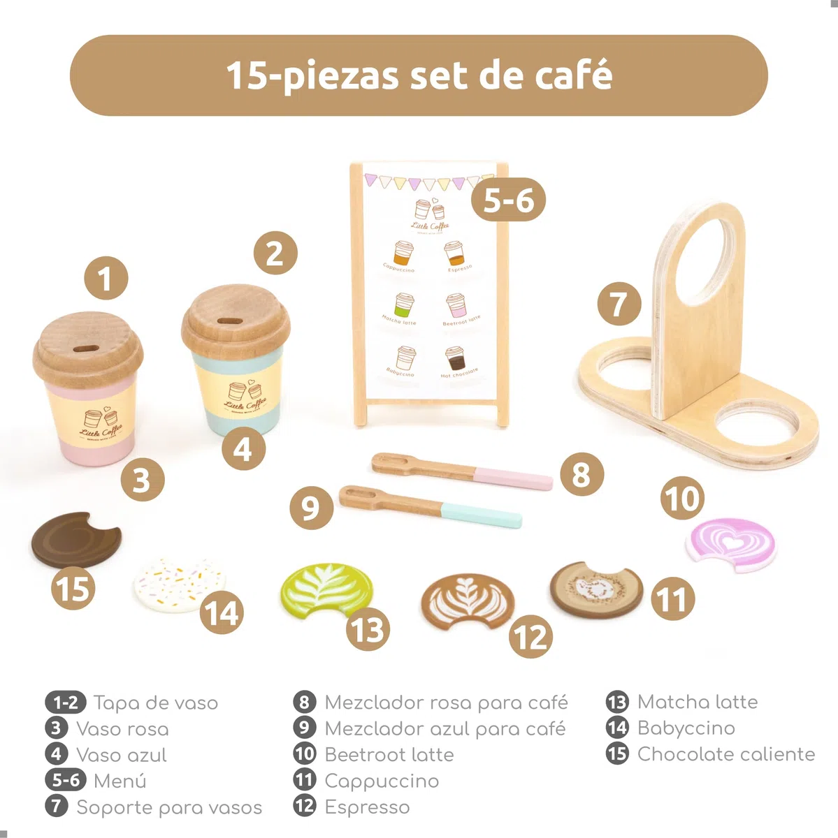 UMU Coffee to Go - Juego de café para niños a partir de 3 años, 15 piezas de accesorios de juego de rol de madera, taza de café y juego de barista