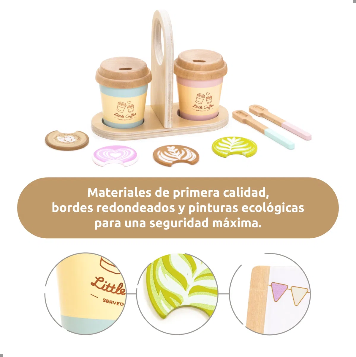 UMU Coffee to Go - Juego de café para niños a partir de 3 años, 15 piezas de accesorios de juego de rol de madera, taza de café y juego de barista