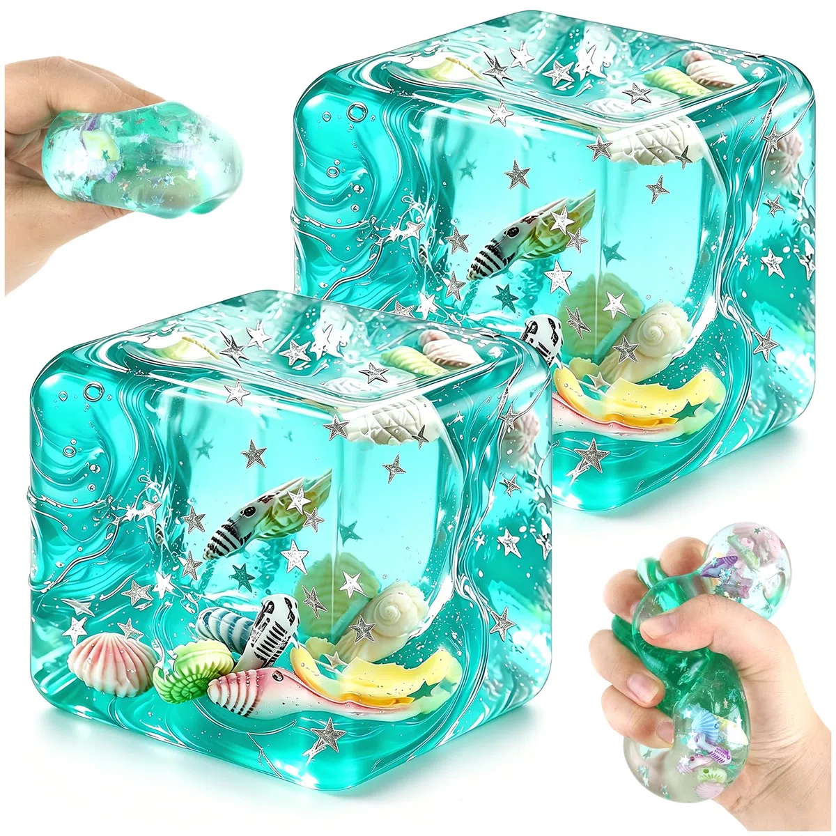 2 Pack Squishy Ice Cube , Cubo Antiestrés Translúcido con Conchas & Estrellas Flotantes, Sensación de Azúcar de Malta, Squishy Antiestres Adultos Fidget Toys Nice Cube para Niños y Adultos