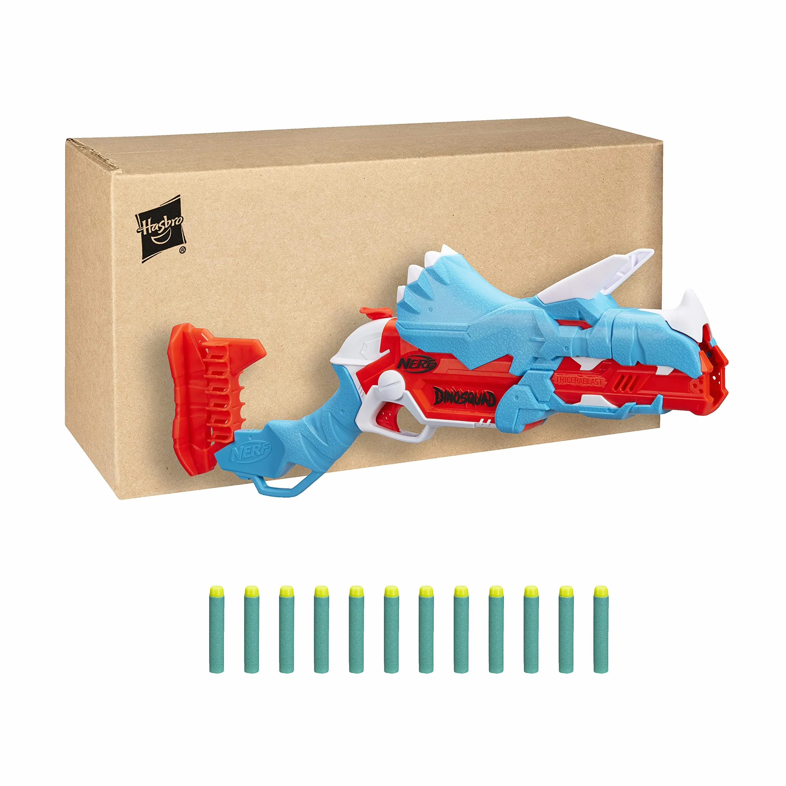 Nerf DinoSquad Tricera-blast Blaster, Break-Open 3-Dart Loading, 12 Nerf Darts, Dart Storage, Triceratops Dinosaur Design