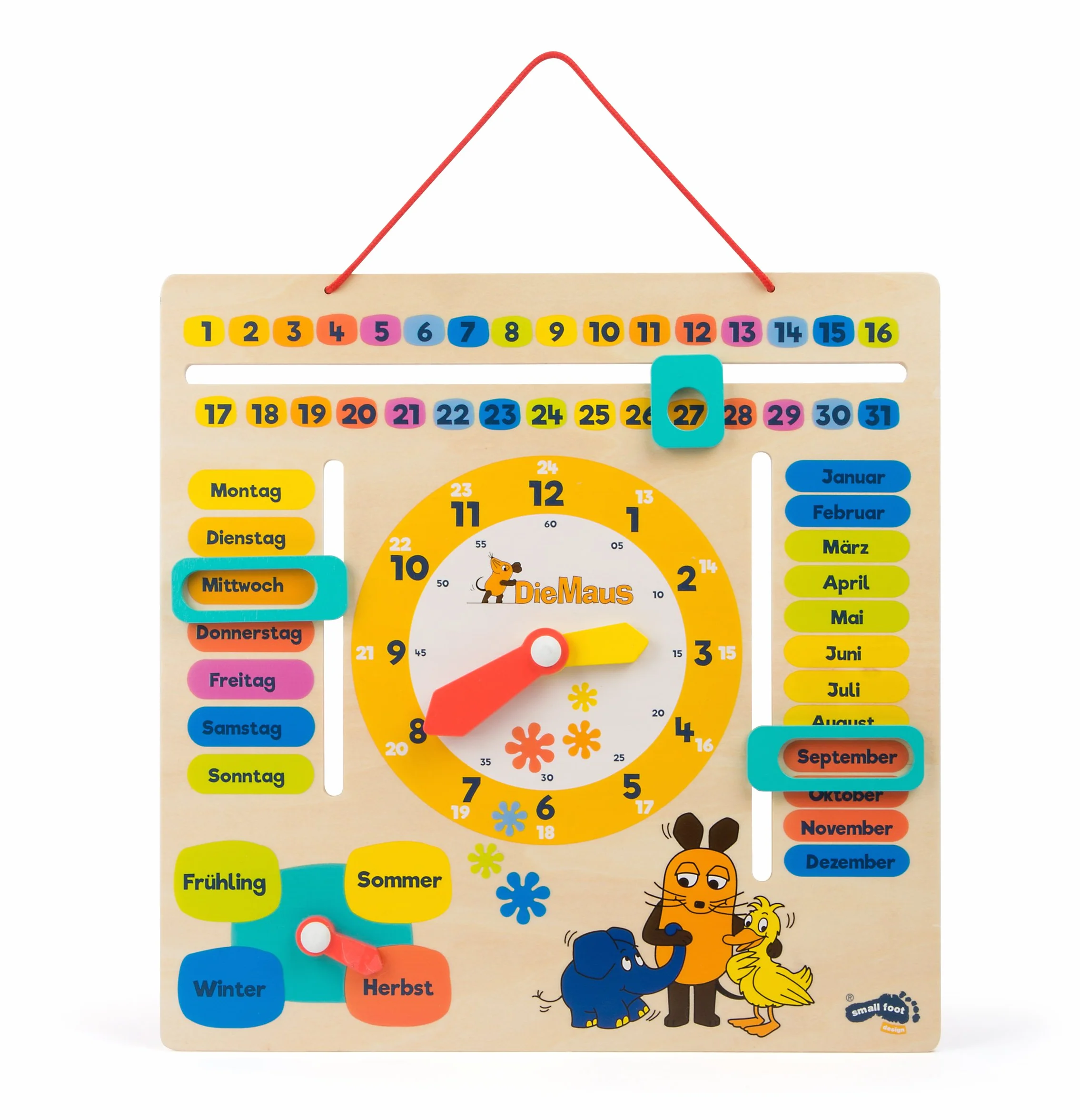 small foot Reloj de Aprendizaje con Calendario de Madera, explica la Fecha, la Temporada y la Hora, para niños a Partir de 3 años, 10496