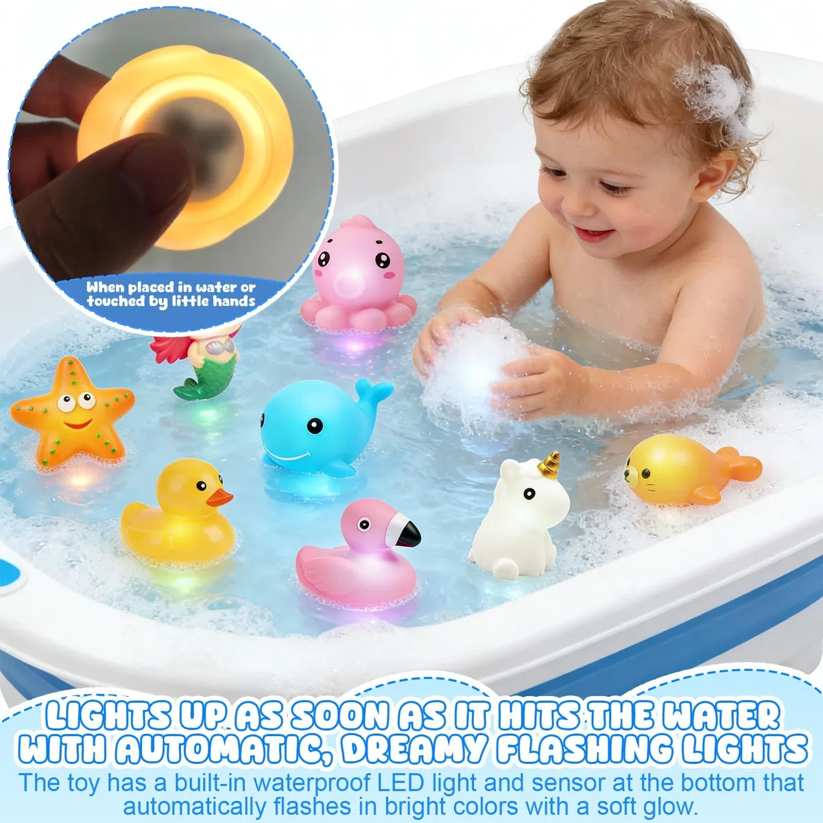 Juguete Baño para Bebés, 8 Piezas Juguetes Baño para Bebés, Juguetes de bañera con luz LED Colorida, Juguetes de baño iluminados, Juguetes Bañera, para Bañera, Ducha o Fiesta en la Piscina