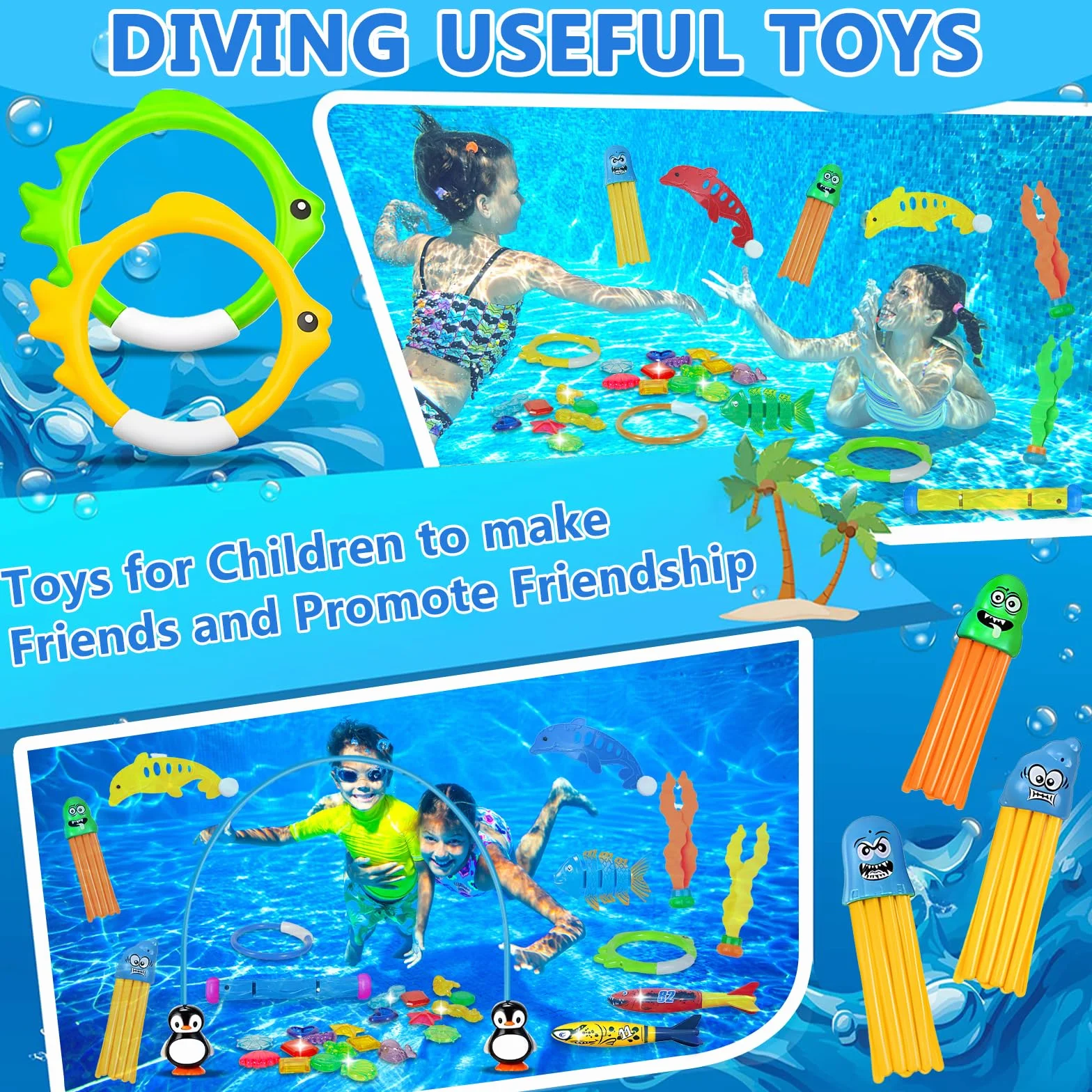 Frasheng 43 Piezas Juguetes de Buceo en Piscina,Juguetes para Nadar bajo el Agua Conjunto,Juguetes de Buceo Conjunto para Niños,Incluir Anillos de Buceo,Palos de Buceo,Entrenamiento Juego para Niños