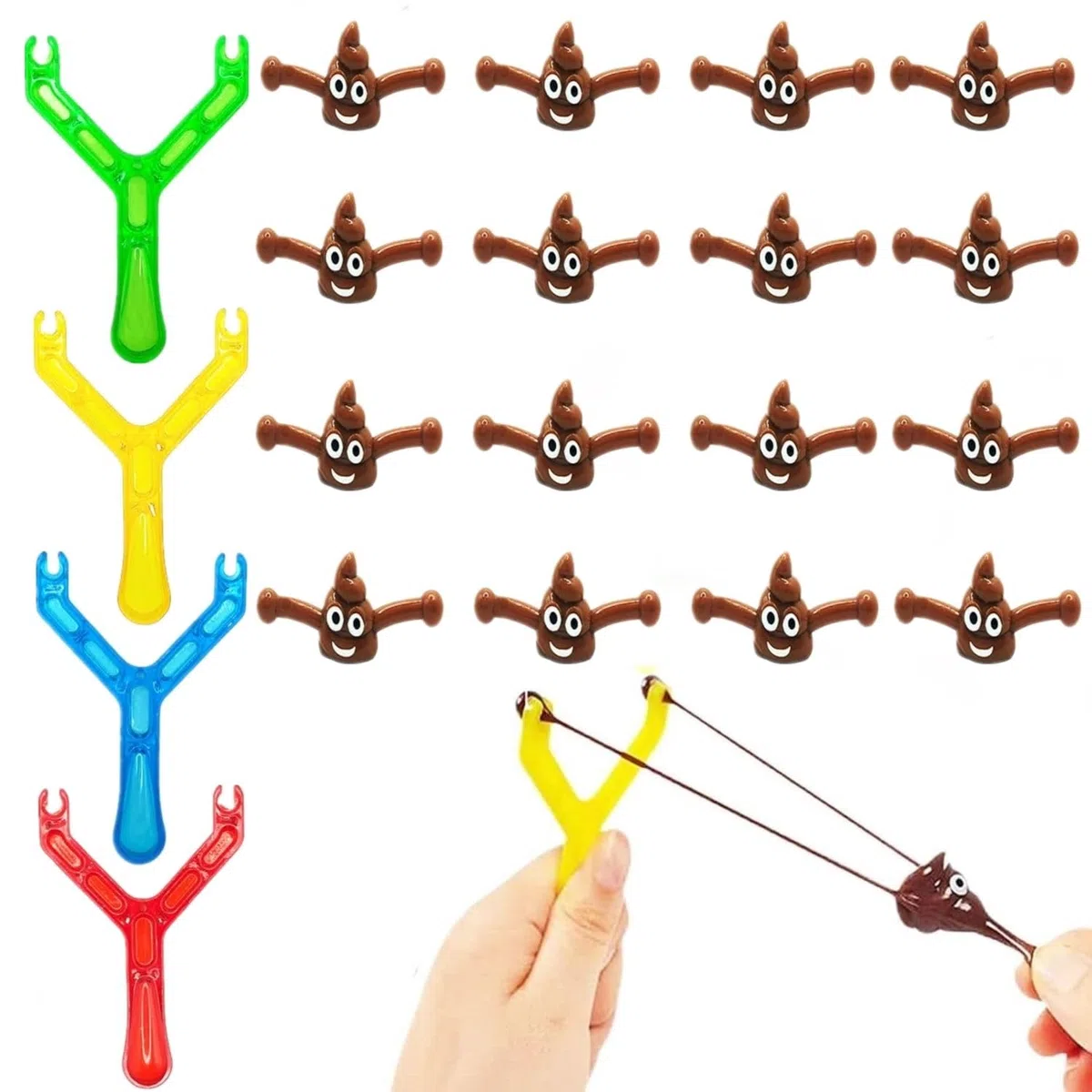 Juego de 20 piezas de juguete (Poo Slingshot, 4 lanzamallas, catapulta catapulta con 16 bolas Emoji Mochi Toys, Party Bag Filler Kids Adult Birthday bromea de juguete regalo (color