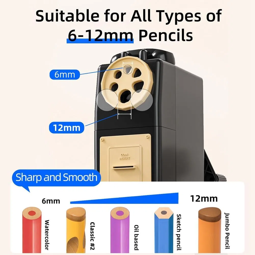 Sacapuntas Manual de Manivela, 6 Tamaños para de 6 A 12 Mm, Manivela Automática con Punta Ajustable, Ideal para Niños y Estudiantes.