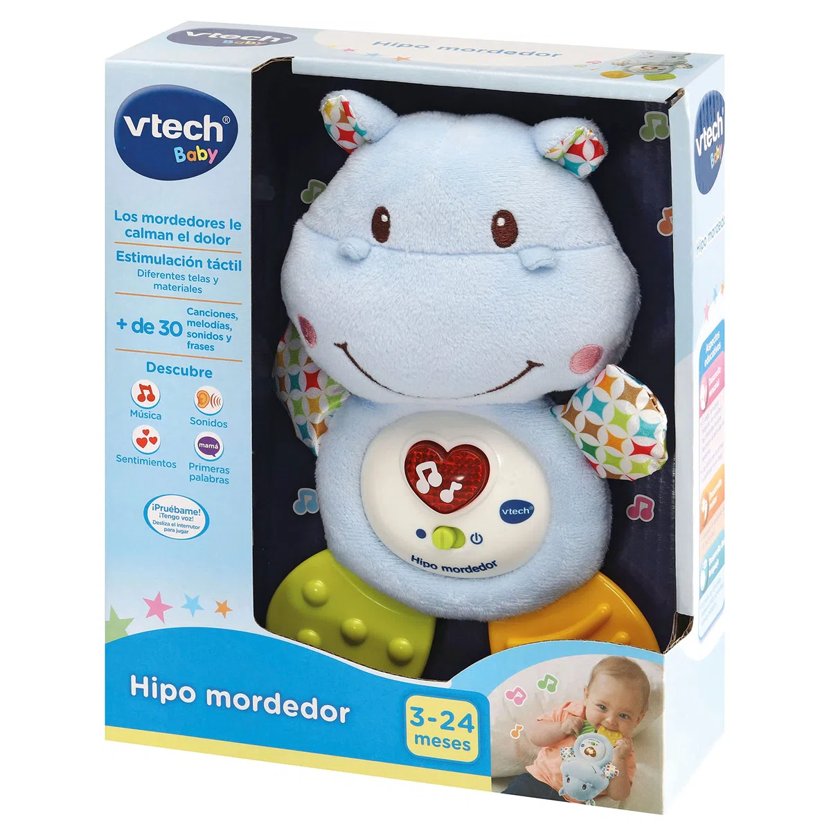 VTech-Baby HIPO mordedor Hipopótamo de peluche musical y sonajero que ayuda a calmar y aliviar a tu bebe con tiernas frases, canciones y melodías, Color azul (3480-502522), versión ESP