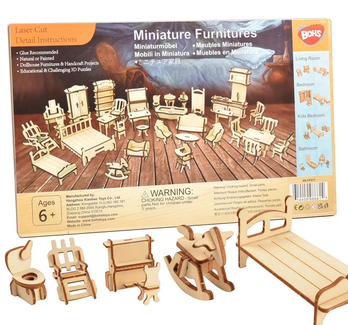 BOHS Kit de Muebles 3D para Casa de Muñecas, Rompecabezas de Madera, 34 Piezas, Juguete Educativo DIY para Niños de 6 Años en Adelante