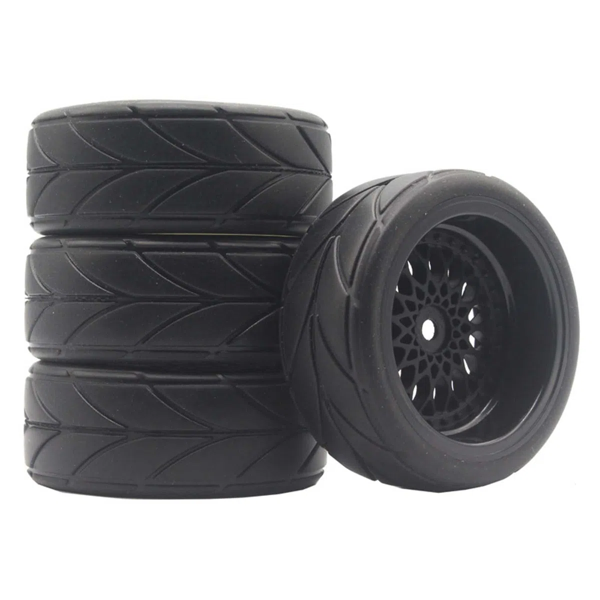 KEEDA Neumáticos de goma de 64 mm y llantas de plástico de 52 mm para 1/10 RC On Road Touring Racing Drift Car (profundidad de presión 6 mm, negro)