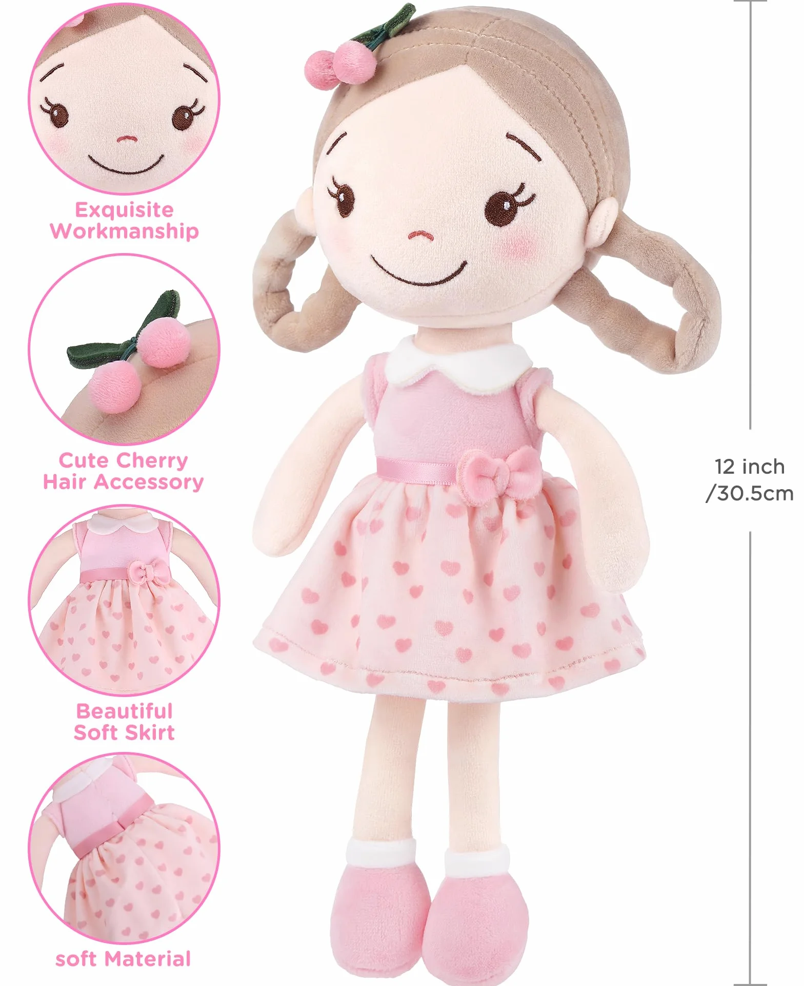GAGAKU Muñecas Trapo para Niñas 30cm Tela Suave Ángel Guardián Regalo de Bautizo para Niña con Alas Peluche Amuleto de la Suerte para Niños de 1-6 Años- Niña Cereza (Chica Cereza) | Mi primer regalo de muñeca bebé, lavable a máquina, juguete de muñeca de