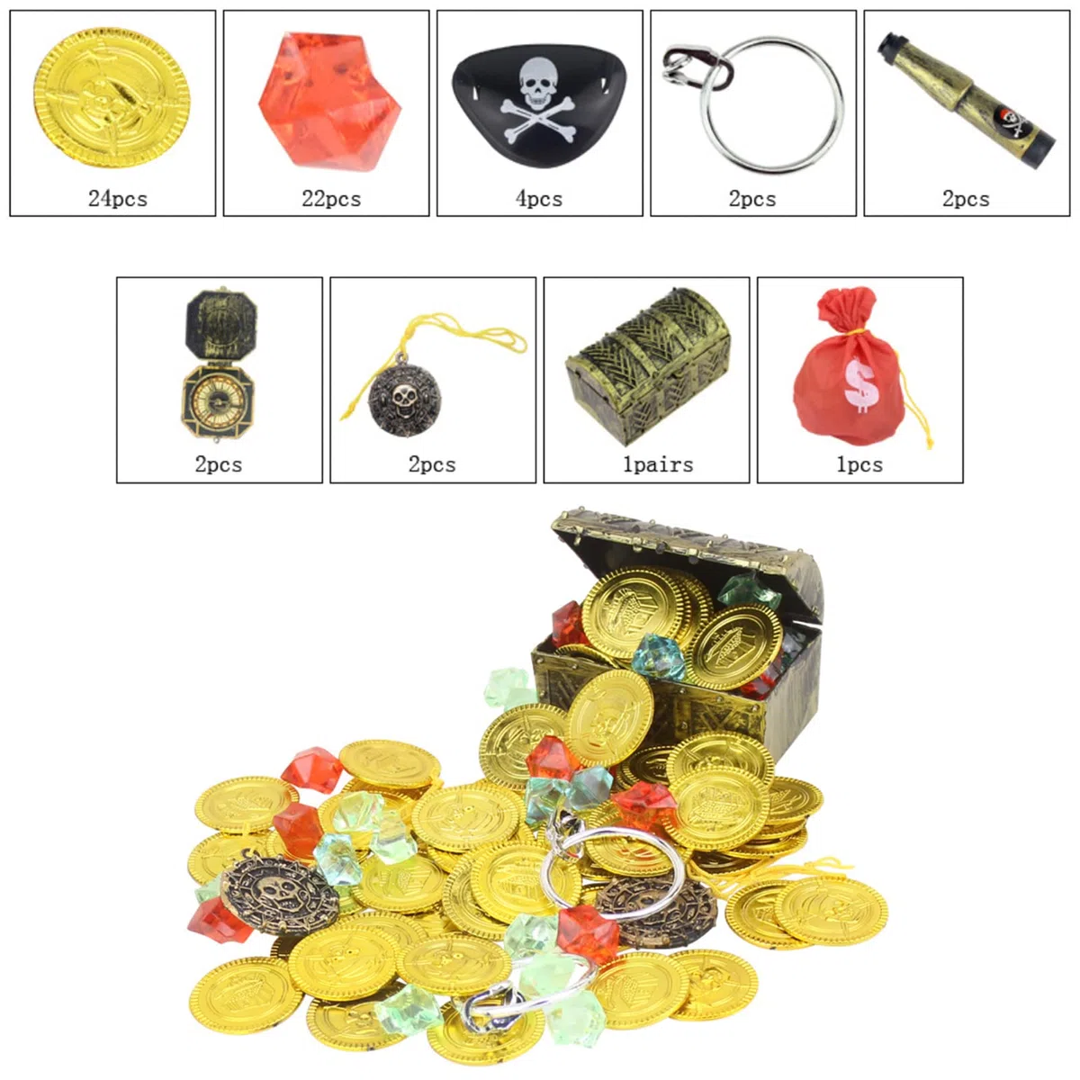 Tesoros de búsqueda del tesoro, juego de juguetes, fiestas de Navidad, piratas, monedas de oro, caja de juguetes con cerradura, contiene brújula, anteojera, piedras decorativas para fiestas piratas