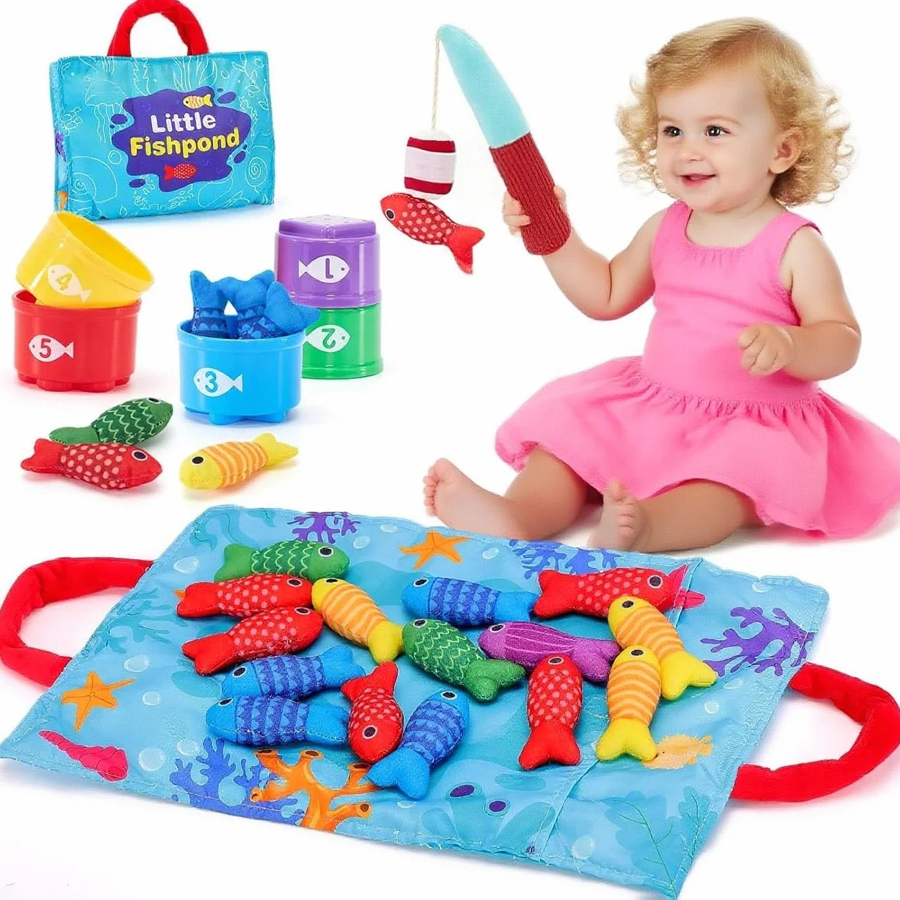 Juego de Pesca Magnético para Niños - 15 Peces de Tela + Cubos Apilables, Juguete Educativo Montessori 1-3 Años, Regalo Original para Bebés Niña/Niño 12-36 Meses
