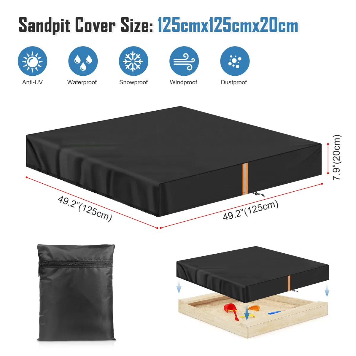 VANSHEIM Funda Arenero Infantil 125x125x20cm Cubierta de Protección para Arenero Cubierta Arena para Arenero Infantil Cubierta Impermeable para Arenero,Piscina Infantil y Caja de Arena