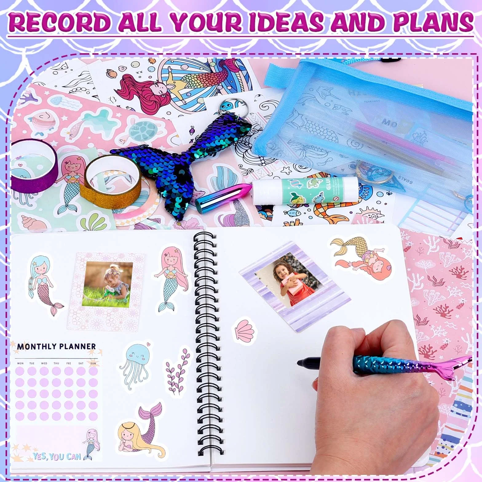 Dadabig Scrapbook kit, Recortes de Sirenas para Niñas 6-12 Años, Álbum de Diario DIY, Papelería de Sirena Personalizados, kits de Artes y Manualidades con 1 Cuaderno y 65 Accesorios