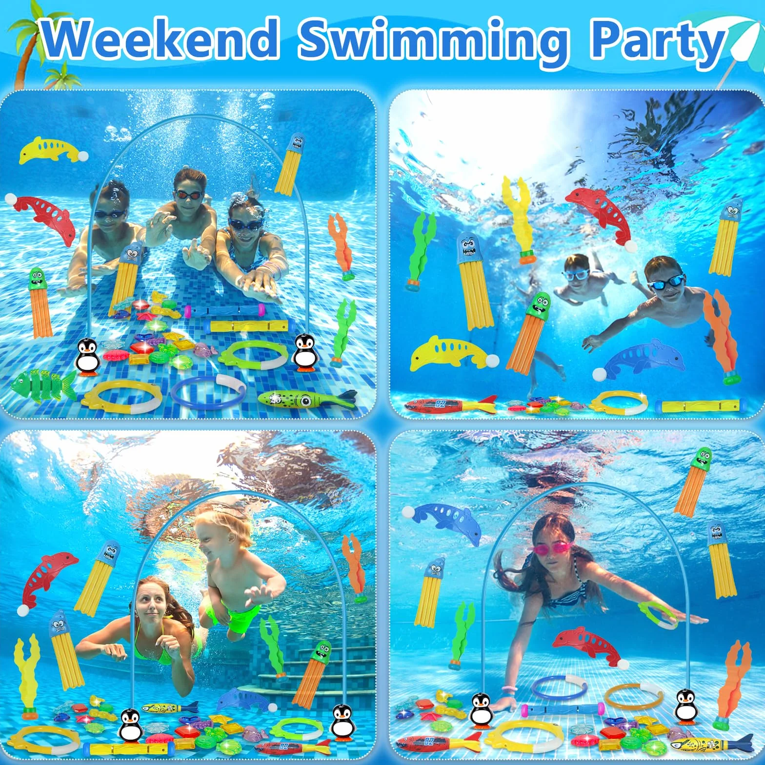 Frasheng 43 Piezas Juguetes de Buceo en Piscina,Juguetes para Nadar bajo el Agua Conjunto,Juguetes de Buceo Conjunto para Niños,Incluir Anillos de Buceo,Palos de Buceo,Entrenamiento Juego para Niños