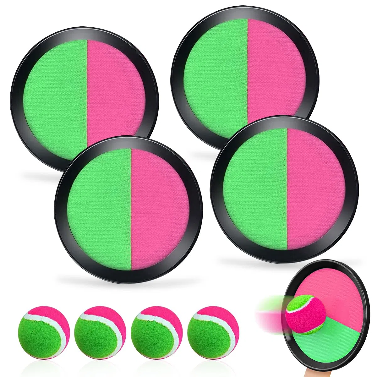 Captura Bolas Raqueta Set, Juego de Lanzamiento y Captura com 4 Palas y 4 Bolas, Lanzamiento Pelota Juegos, Juego de Lanzar y Atrapar Pelotas para Patio, Jardín, Interior & Exterior (2 pares)