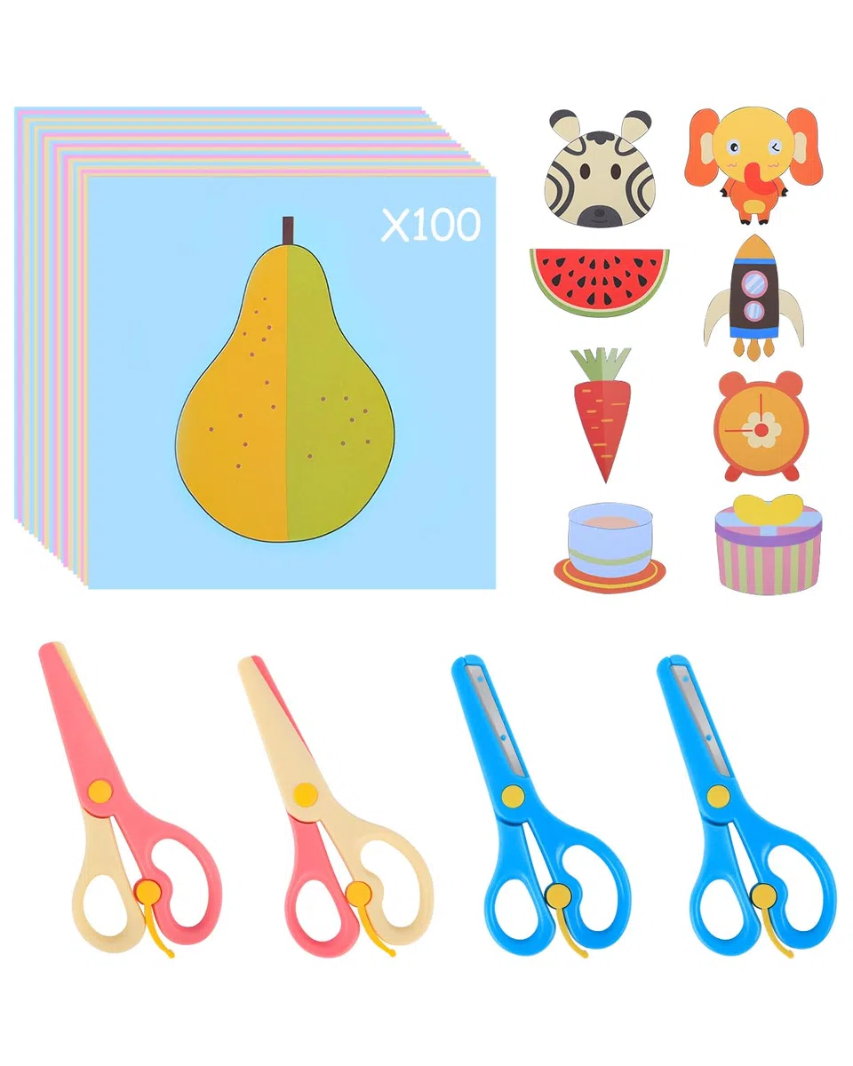 UCEC Juego de 104 piezas de corte de papel para niños, manualidades a partir de 2 años, incluye 4 tijeras para niños y 100 papel, tijeras para manualidades, juguetes para niños pequeños