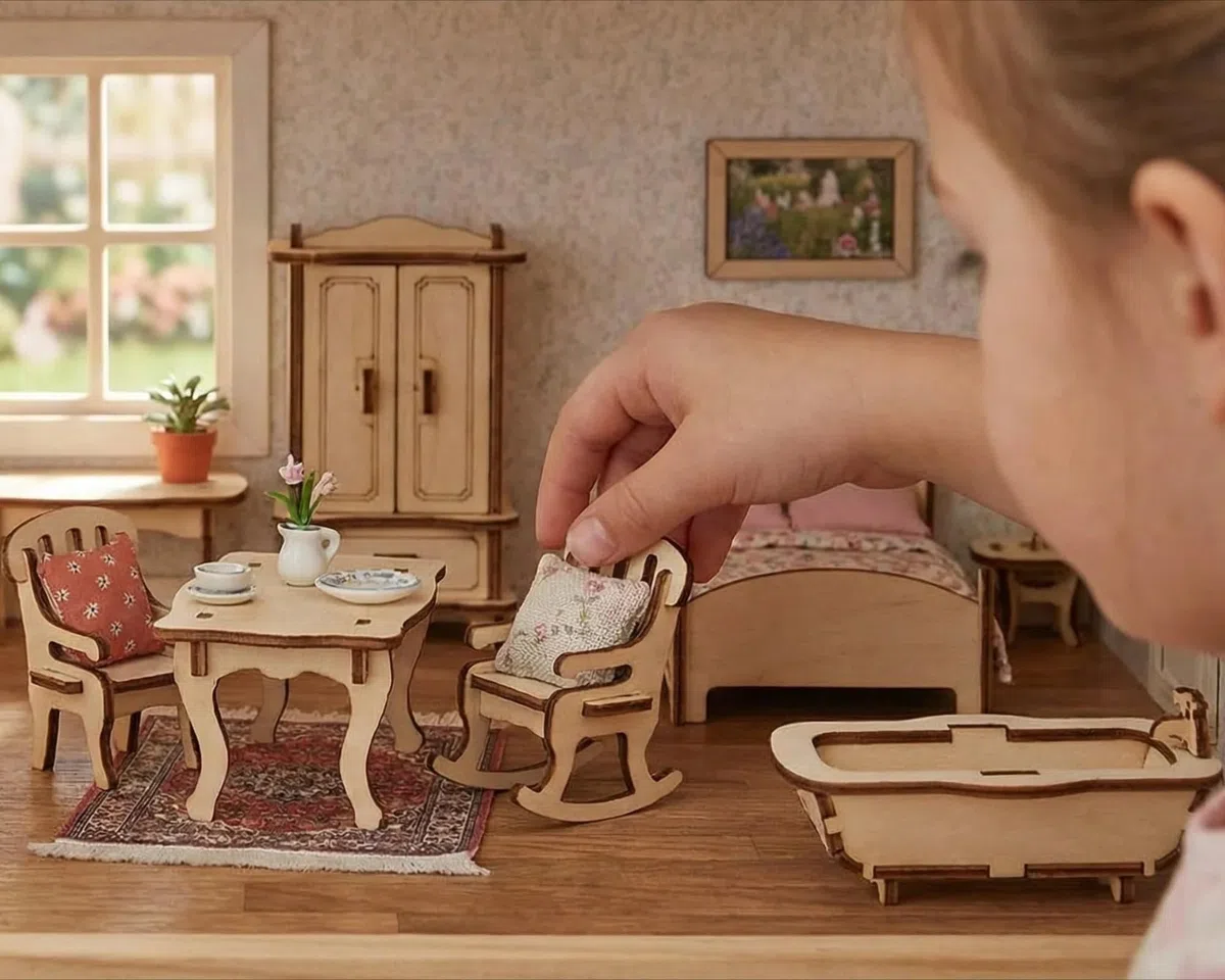 BOHS Kit de Muebles 3D para Casa de Muñecas, Rompecabezas de Madera, 34 Piezas, Juguete Educativo DIY para Niños de 6 Años en Adelante