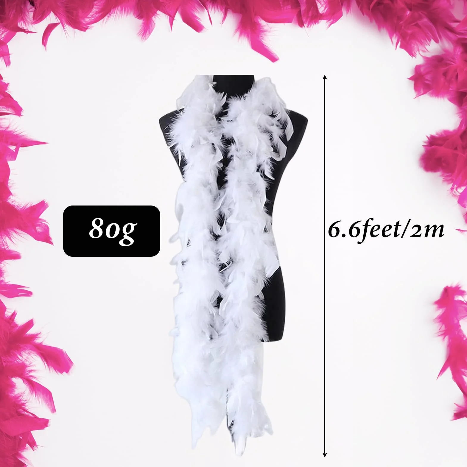 Boa de Plumas Color Blanco de 80g y 2 Metros - Estola Gruesa y Suave para Disfraz de Carnaval, Fiesta, Boda, Halloween, Decoración DIY y Espectáculos