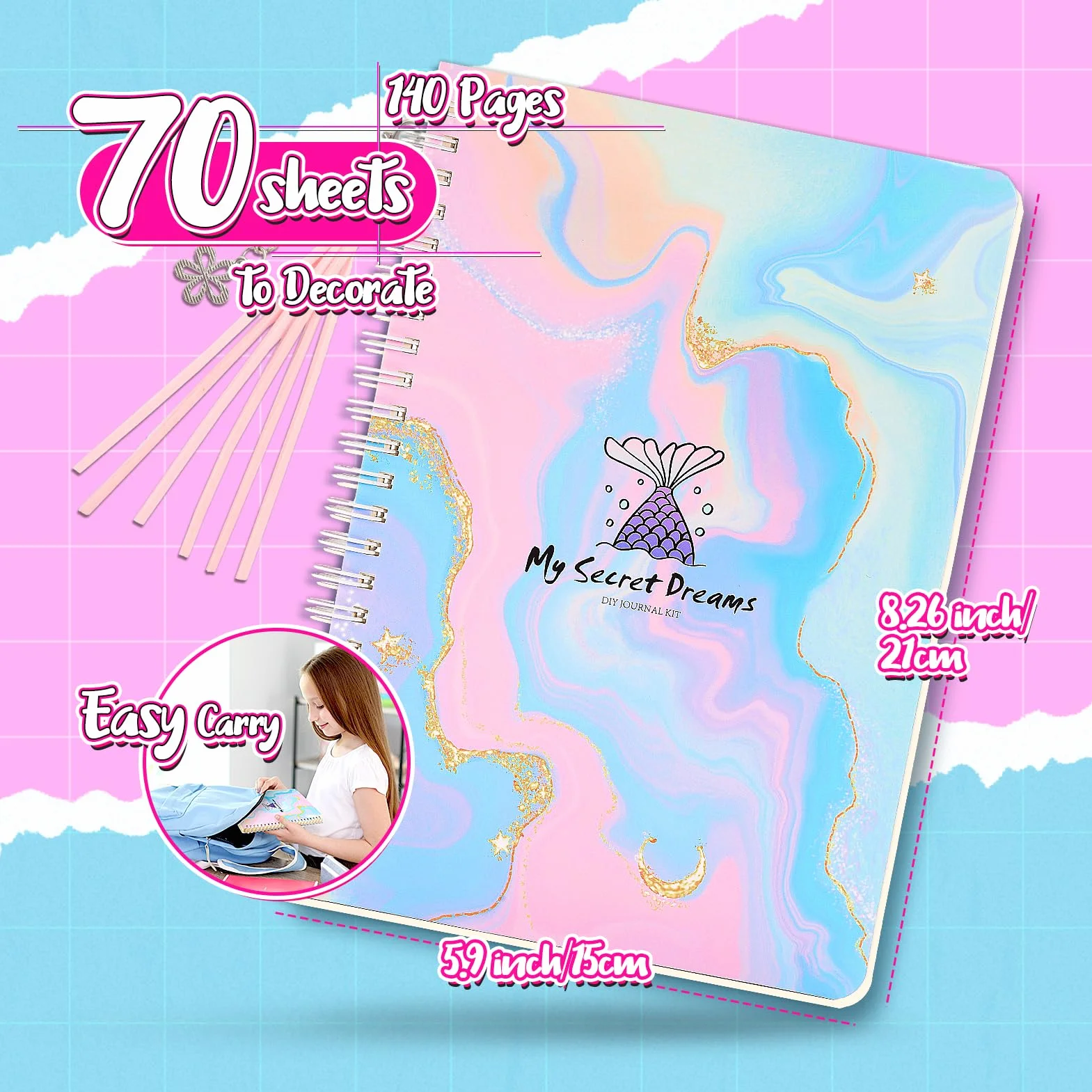 Anginne Regalo Niña 6 7 8 9 10 Años, Scrapbooking Pegatinas Diario Secreto Niña Juguetes Niños 4 5 6 7 8 9 Años Manualidades Niñas 6 7 8 10 Años Bullet Journal Kit Diario Niña