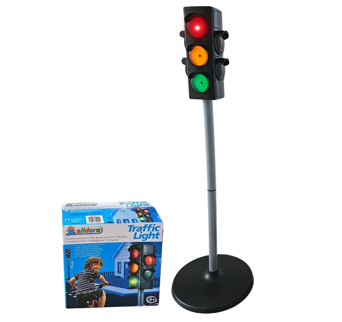 alldoro 60095 Semáforo, semáforo para niños con Base Ancha, Aprox. 75 cm de Altura, con 2 Luces para vehículos y 2 para peatones, Funciona con Pilas, 2 Modos de luz e Interruptor