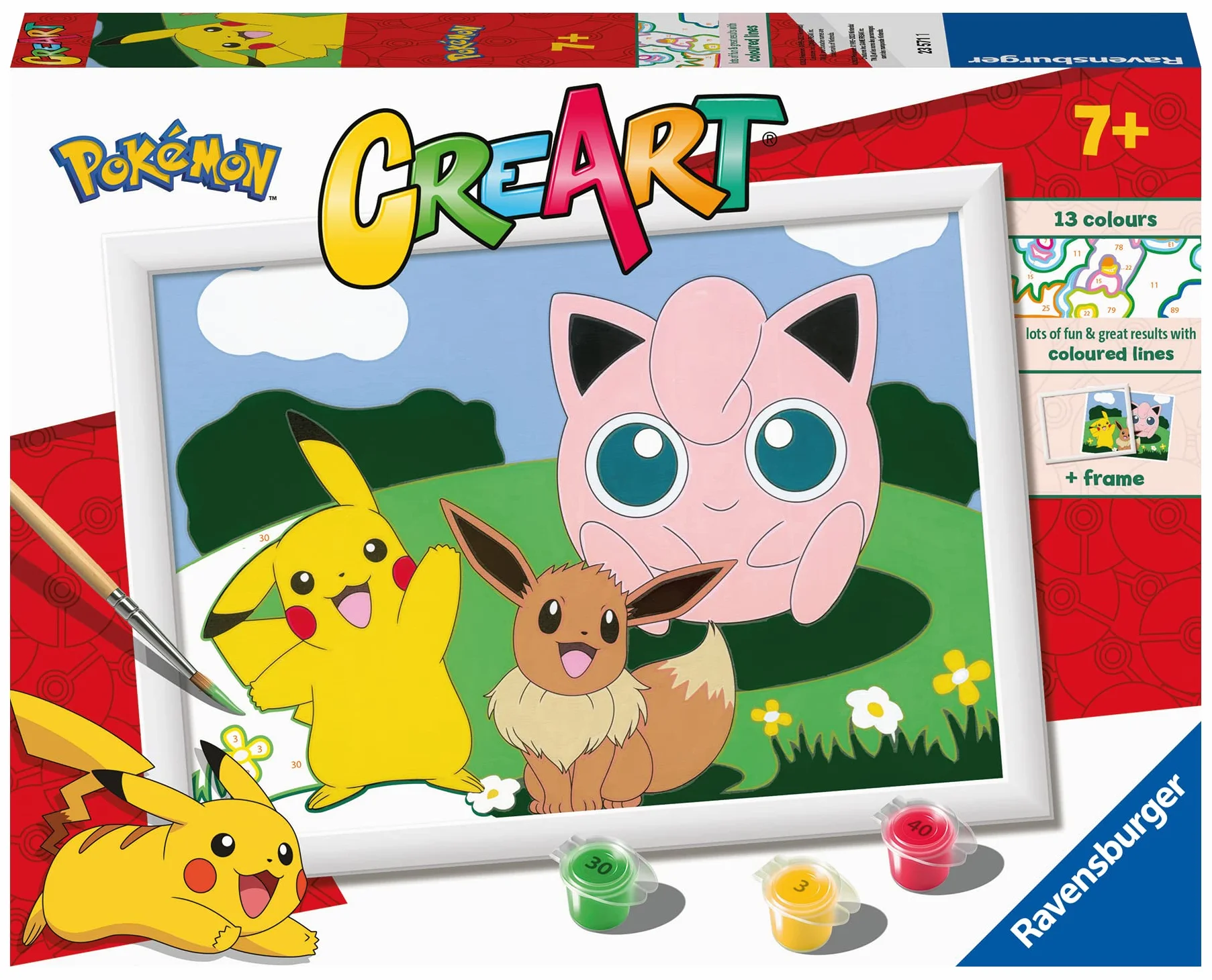 Ravensburger - Creart D: Pokemon | Pintar por Numeros Niños | Kit Manualidades Pokémon | Kit Pintura Niños Completo | Manualidades 7 años | Incluye Marco 18x24cm