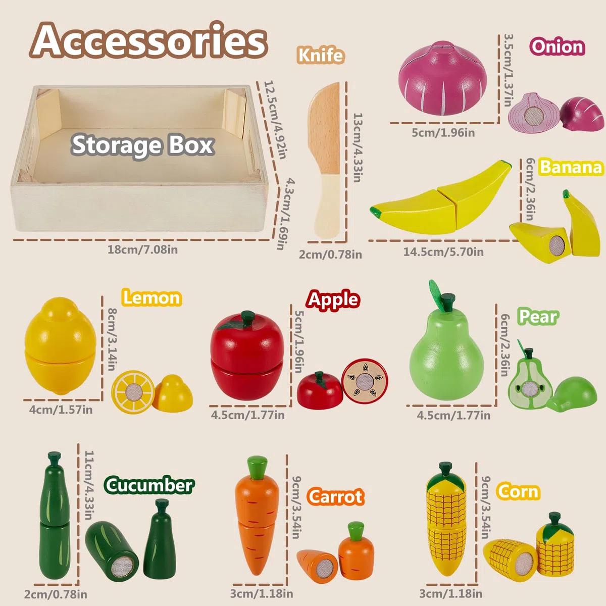 HERSITY Frutas y Verduras Juguete, Madera Juguete para Cocina Cortar, Juego de rol, Juguete Educativos Montessori para Niños y Niñas Regalo 18 Meses+