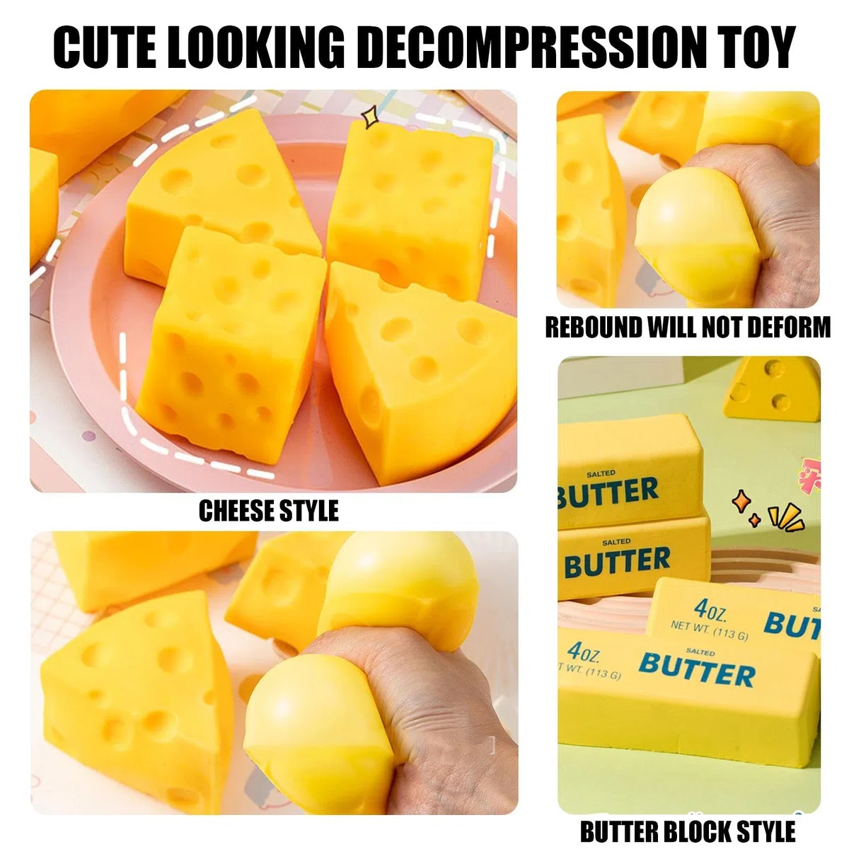 4 Piezas Cheese Squishy Square, Juguete Apretar Mantequilla, Squeeze Toys Squishy Juguetes, Kawaii Squishys, Regalos Cumpleaños para Niños y Adultos