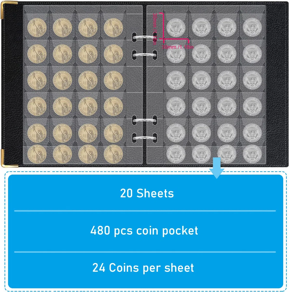 fundas para álbum de monedas,album monedas,Aplicable album monedas 2 euros,monedas coleccion （20 * 24=480)