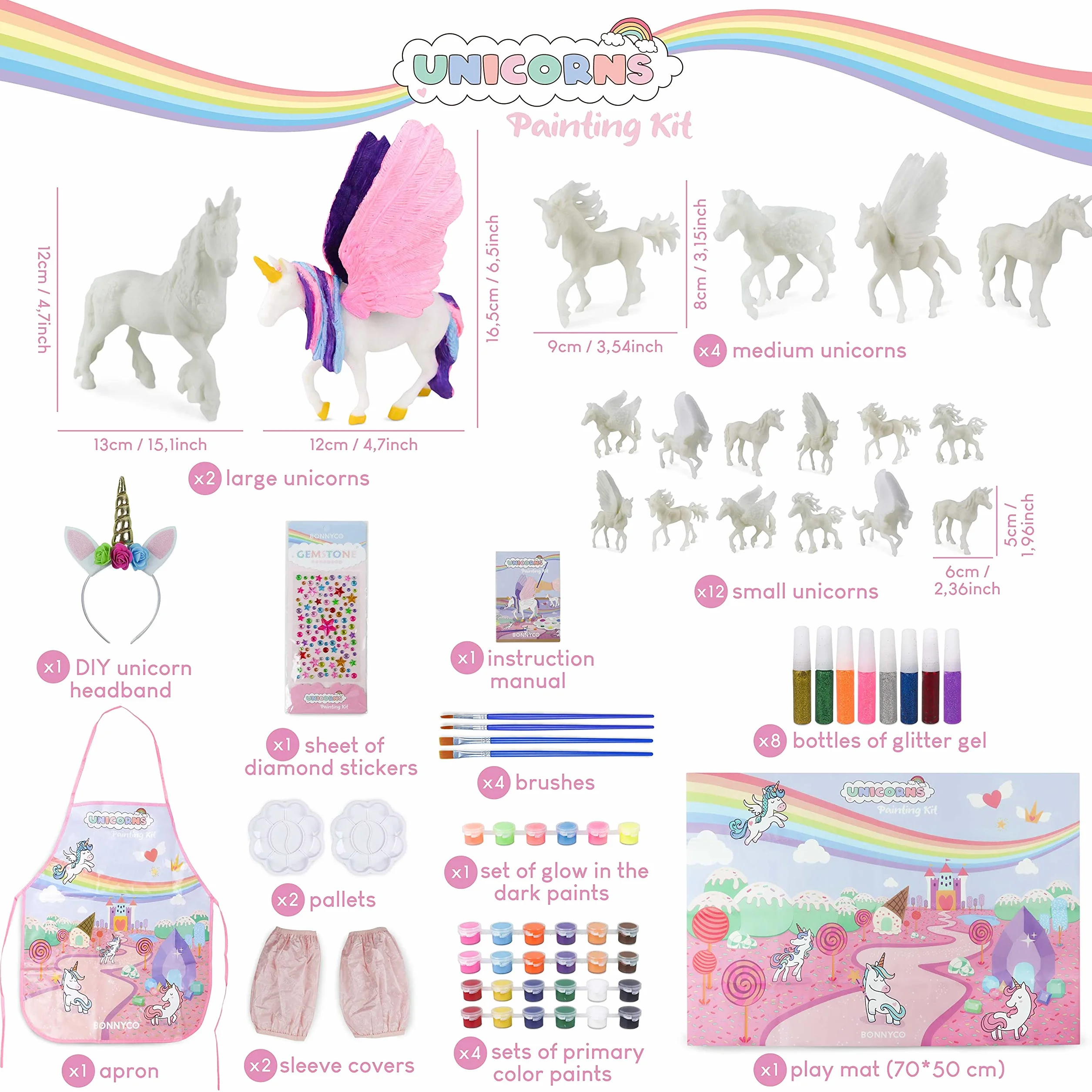 BONNYCO Unicornios para Niñas Figuras para Pintar Kit con 18 Unicornios. Set Manualidades Niñas, Juguetes con Brillo en la Oscuridad 3 4 5 6 7 8 9 10 Años. Regalos Niños en Cumpleaños y Navidad
