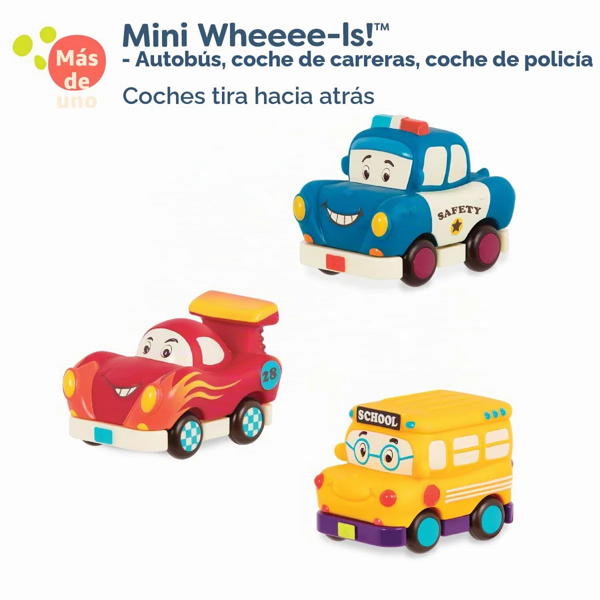 B. toys – Vehículos de Impulso – 3 vehículos de Juguete – Bus, Carreras, Policía – Vehículos de Juguete para niños – 1 año + – Mini Wheeee-LS! - Bus, Auto de Carreras, Auto Policía