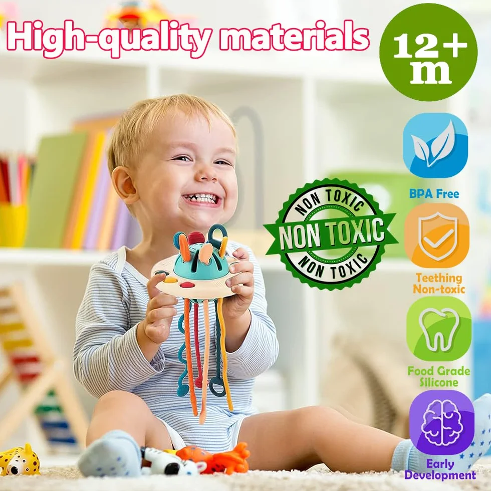 Montessori Juguetes para Bebés, Juguetes para Bebés de Habilidades Motoras Juguetes de Actividad Multisensorial para Bebés, Cuerda de Silicona para Tirar, Juguetes Regalo para Niños